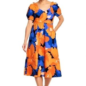 Elegant Floral Midi Dress in Blue and Orange